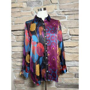 Soft Surroundings 100% Silk Floral LS Blouse M Artsy Colorful Career Wardrobe